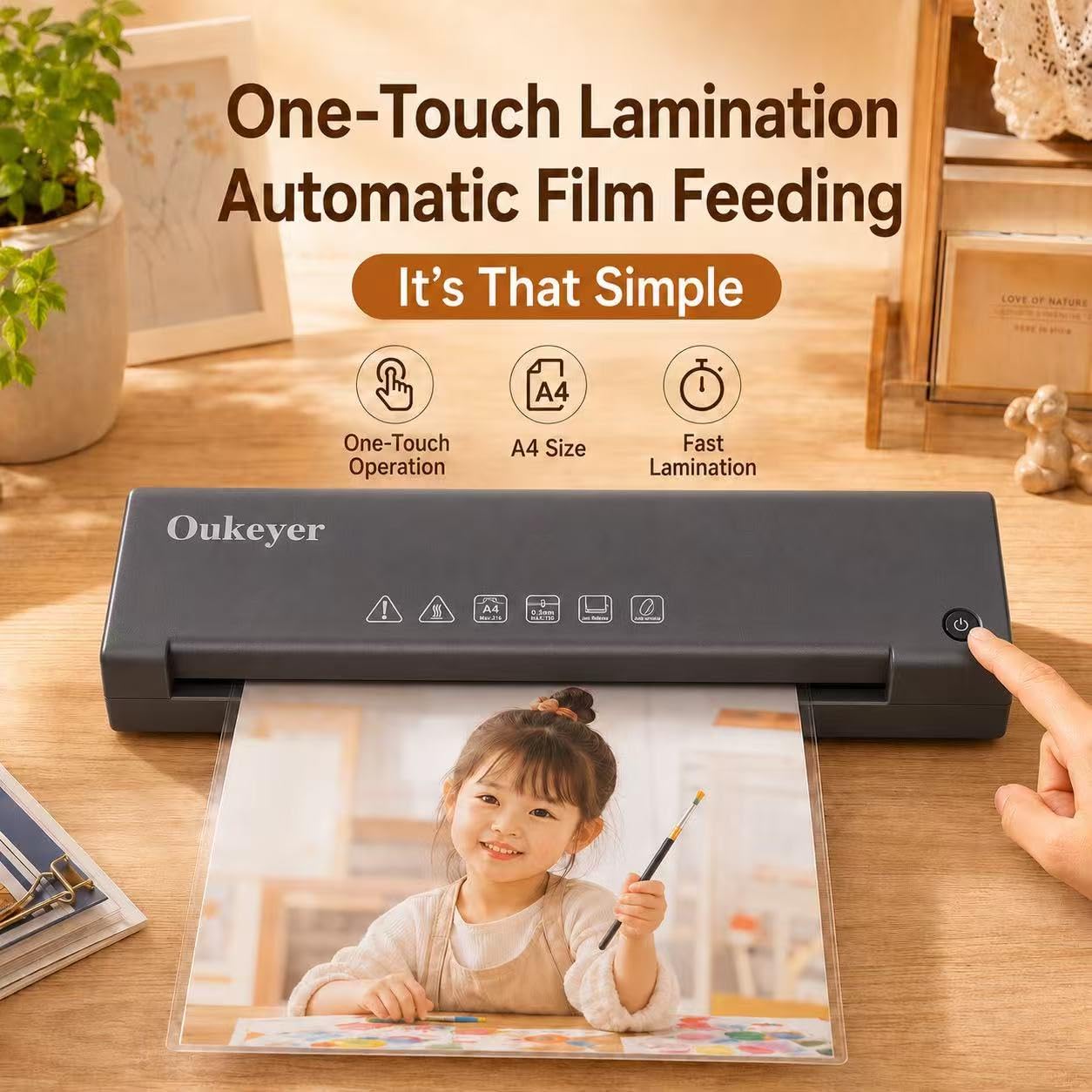 Laminatrice termica A4 con fogli di laminazione, laminatrice ad alta velocità da 400 mm/min, funzionamento one-touch, design anti-inceppamento, a basso rumore, per casa, scuola, ufficio, foto