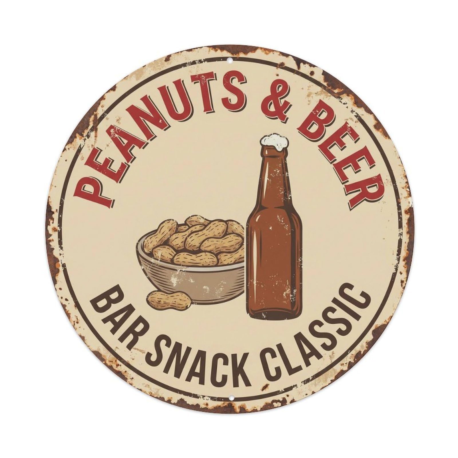 Retro Bar Peanuts Crunchy Garage Beer Metal Tin Sign Plaque Wall Decor for Cafe, Club Bar, Office, Home Garden Round Metal Poster 8x8Inch