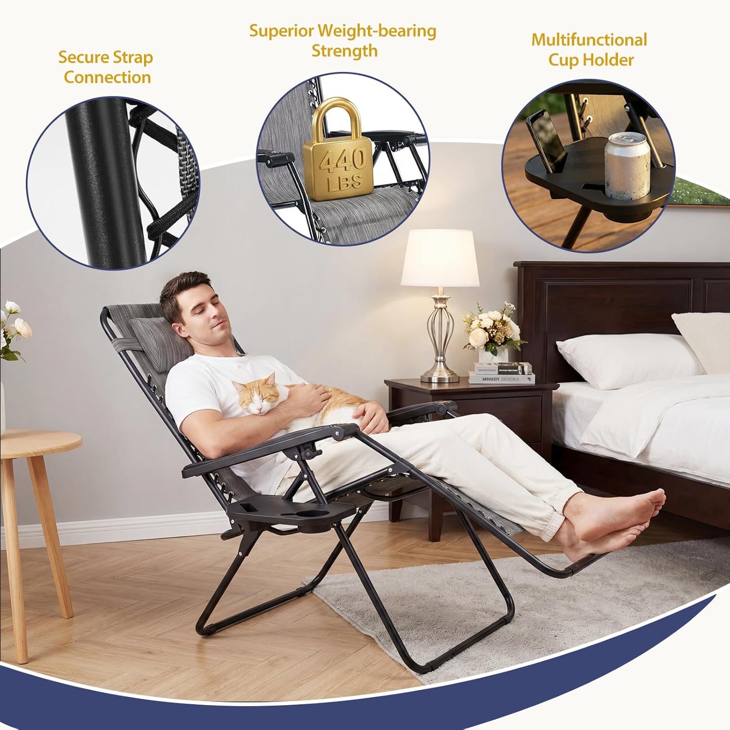 Sweetcrispy Zero Gravity Chairs, Set of 2 Portable Recliner Beach Camping Patio Outdoor Folding Lounge Chair with Cup Holder Trays and Adjustable Pillow for Poolside, Garden, Backyard, Lawn (Grey)