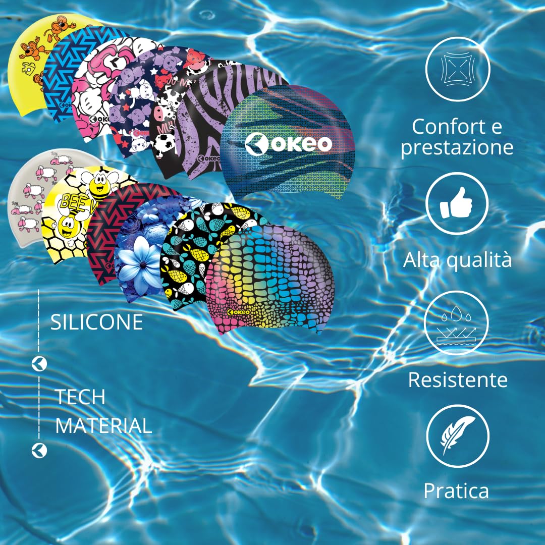 Okeo Cuffia Nuoto Silicone, Cuffia Piscina Uomo Donna, Silicone Elasticizzato Antiscivolo, Design Ergonomico Idrodinamico, Grafica Pecore, Ideale per Allenamento e Gara