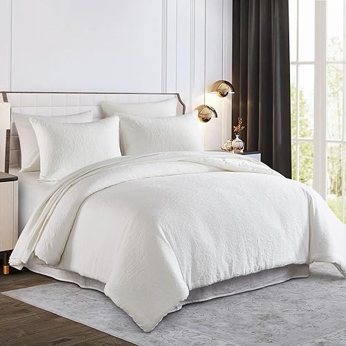 Miniatura 5 de Edredón bohemio de algodón tamaño Queen, edredón blanco Queen, ropa de cama vintage extra suave de granja lavada, ropa de cama jacquard Queen de 3