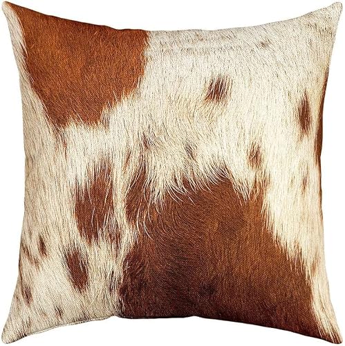 Pack Of 4 Cowhide Pillow Covers 18X18 Christmas Cowhide Print Throw Pillow Covers Brown Farmhouse Animal Cushion Covers Cowboy Western Cow Print Decorative Square Pillow Cases For Sofa Couch Bed #TOP3