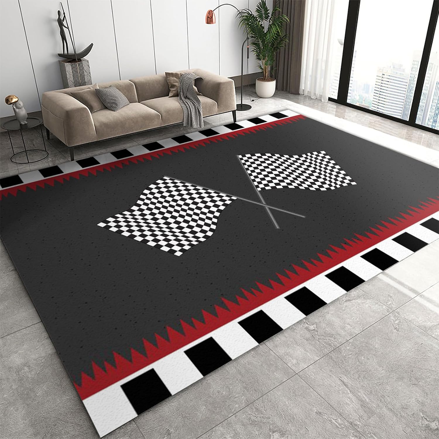 Black and White Racing Flag Area Rug, Modern Checkered Flag