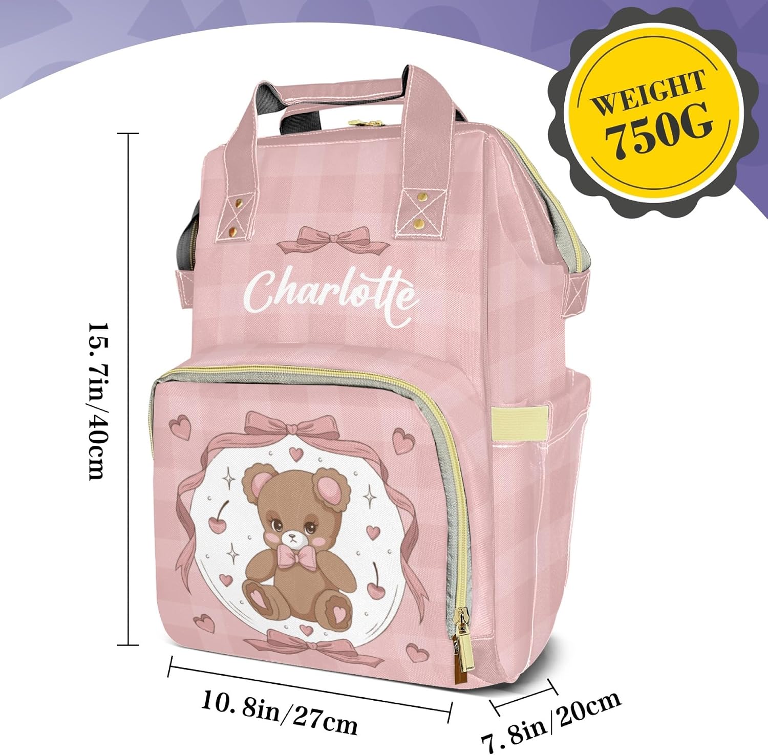 Custom Diaper Bag Backpack for Moms with Name - Personalized Pink Nursing Bag Insulated Pockets and Casual Daypack Travel Bag for Girls