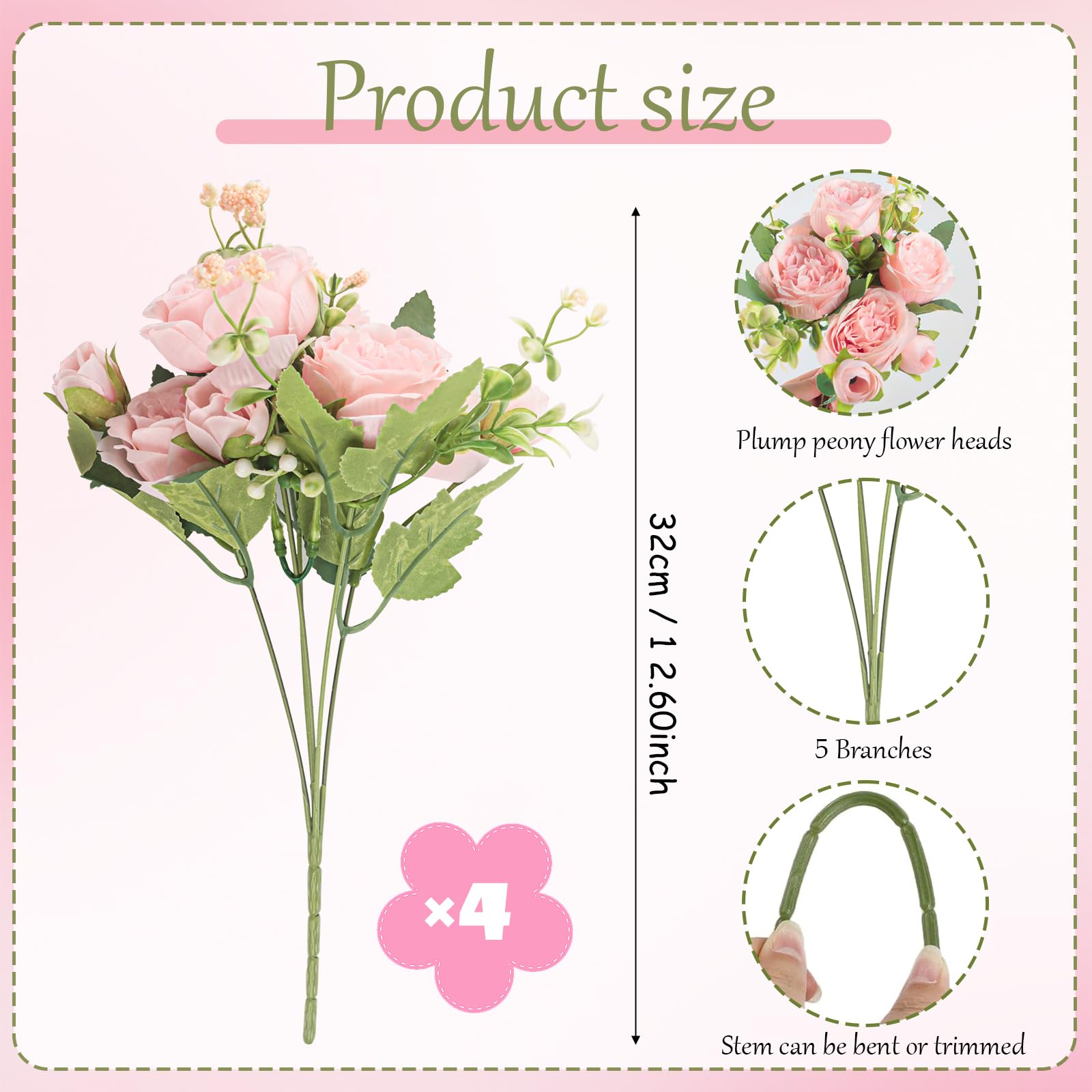 Bouquet Di Peonie Artificiali 4 Mazzetti – Fiori Finti In Seta Rosa/Viola Per Matrimoni E Decorazione Casa