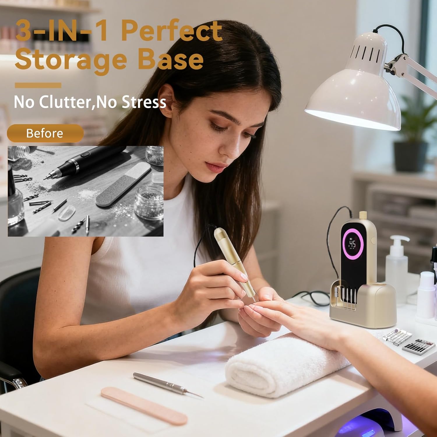 Electric Nail Drill 45000RPM, 2025 Pro High Tech Fast Remove Cordless Nails Drill with Rechargeable Stand for Acrylic Nails, 12Pcs Drill Bits and Holder, LCD Professional Nail Machine for Salon Home