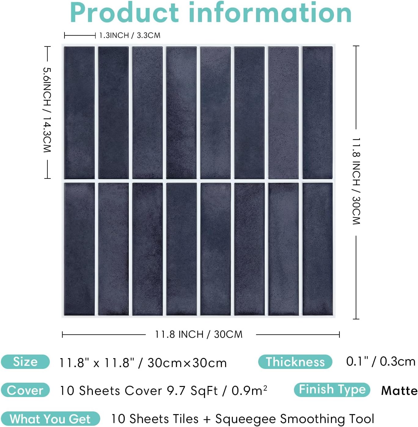 Commomy 10 Pcs Matte Navy Blue Peel and Stick Tile -11.8"X11.8" Ultralight PVC Wall Tile Vertical 3D Stick on Backsplash Tiles for Kitchen,Bathroom,Renters,Interior Decorative Wall Tiles