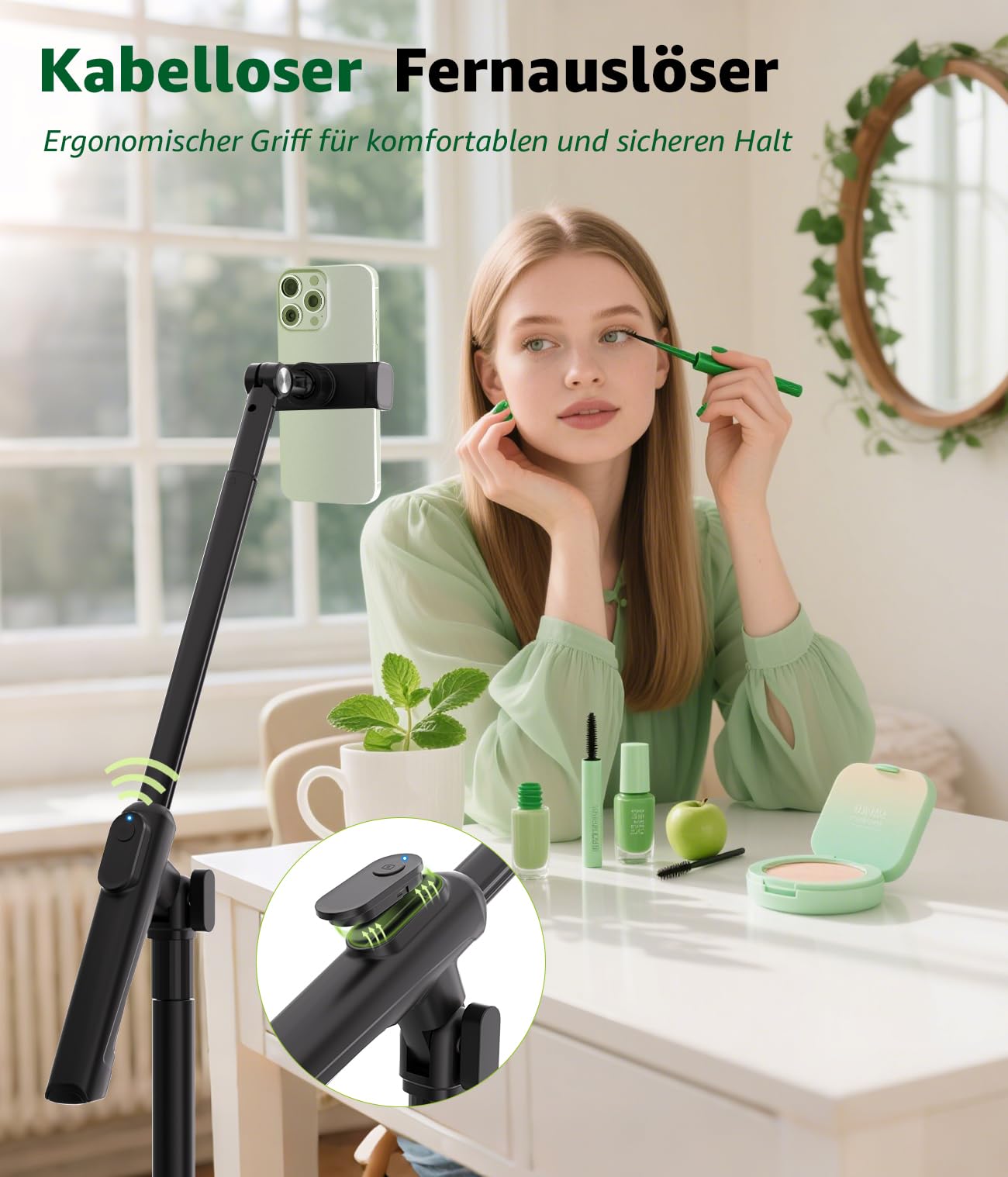 Treppiede per cellulare, 157 cm, supporto per iPhone con braccio estensibile a 360°, telecomando e supporto per cellulare, supporto orizzontale per iPhone 17/16/15/registrazione video/streaming