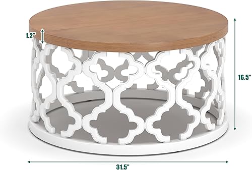 Miniatura 2 de Usinso Mesa auxiliar redonda de granja, mesa superior de grano de madera con base de marco de motivo curvado, mesa auxiliar de campo francés,