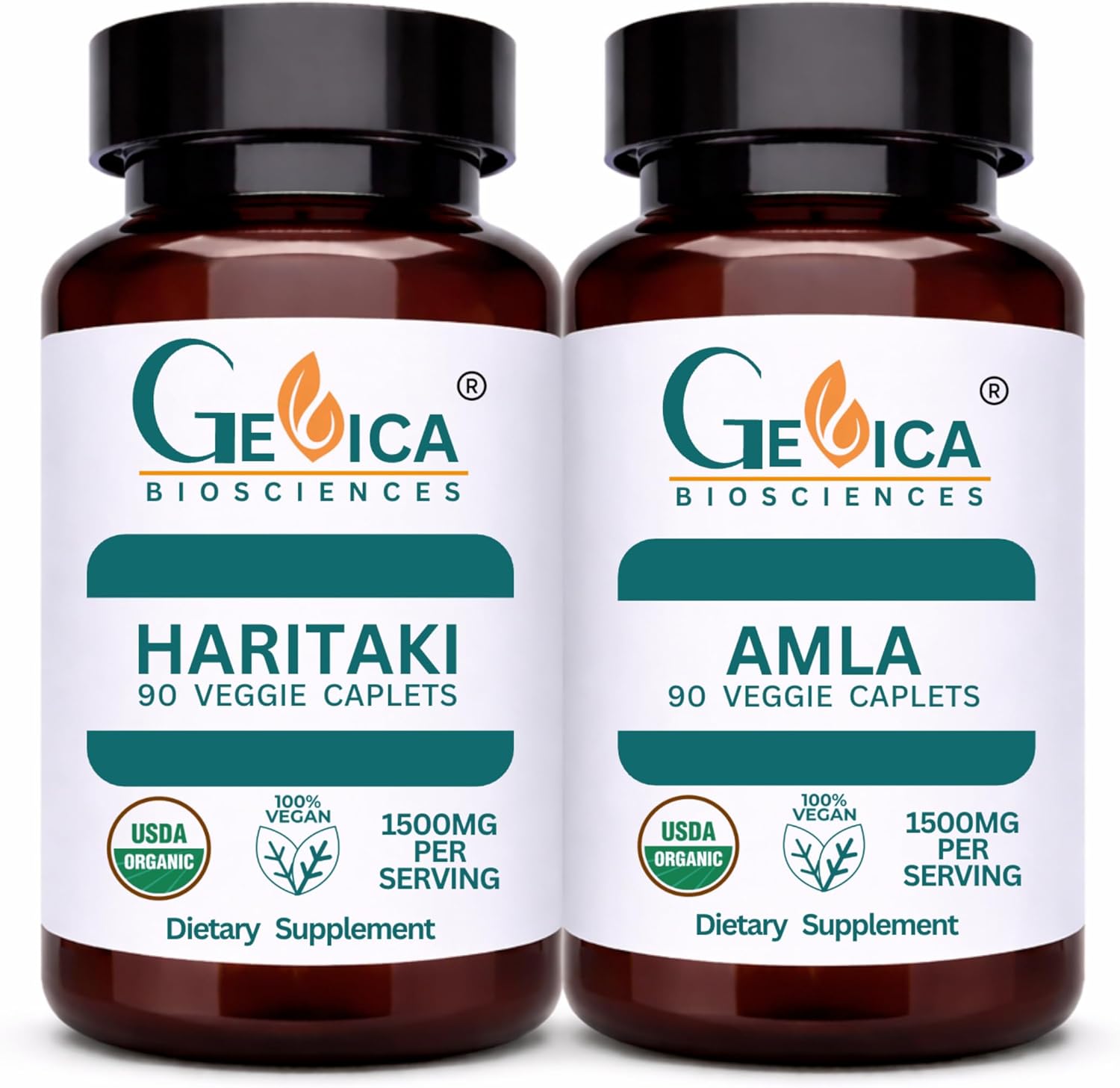 USDA Organic Haritaki (Terminalia chebula) + Amla (Phyllanthus emblica) Bundle – 1500 mg per Serving Each, Whole Fruit Powder, No Extracts, 90 Caplets Each