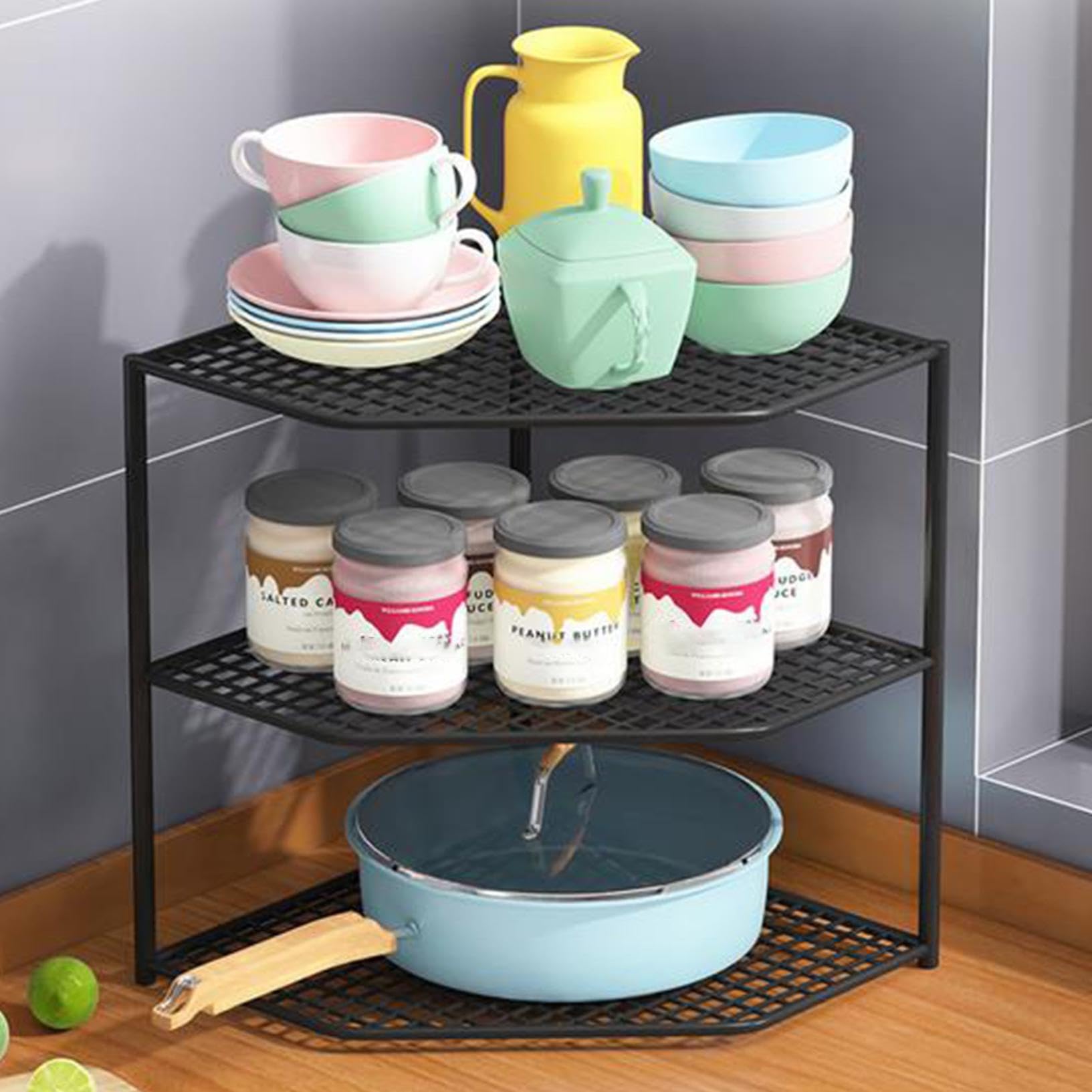 3-Tier Kitchen Corner Shelf Rack Counter and Cabinet Organizer, 3 Tiers Kitchen Countertop Corner Shelf, Pot Storage Racks, Counter Corner Shelf For Spice Rack, Over Sink (Black)