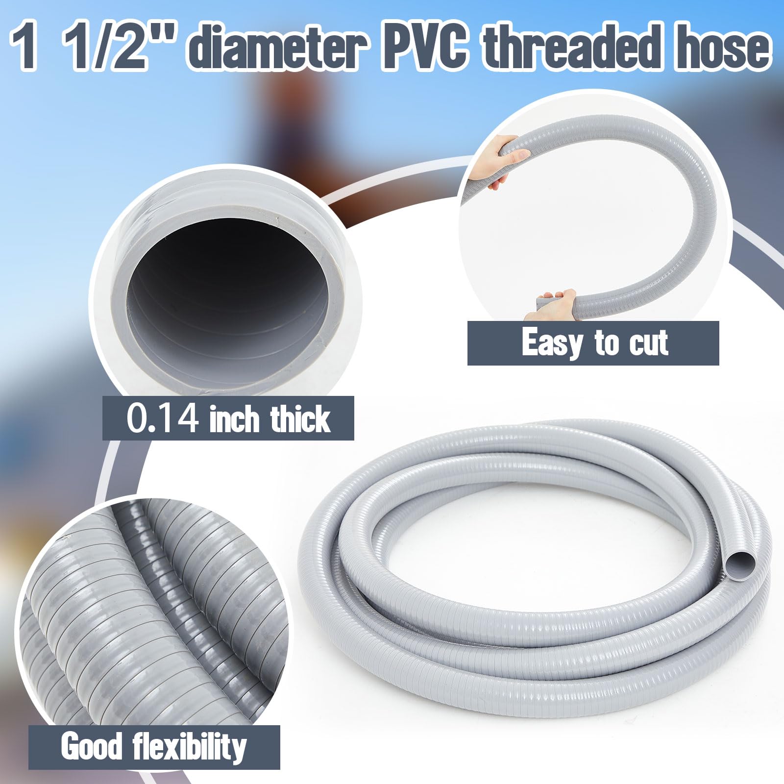 Tujoe Manguera de agua flexible resistente de PVC de 1-1/2 pulgadas x 25 pies para el hogar, jardín, interior y exterior, estanque, riego, piscinas, spas, jardín acuático, estanque, proyectos de PVC