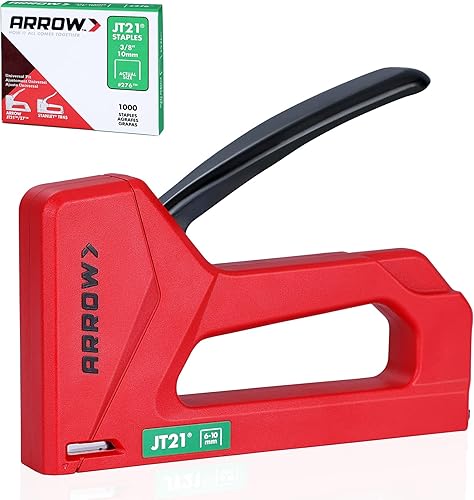 Arrow Pistola de grapas ligera, kit de grapadora de tapicería ligera para madera con 1000 grapas JT21, carcasa de plástico para manualidades, tela,
