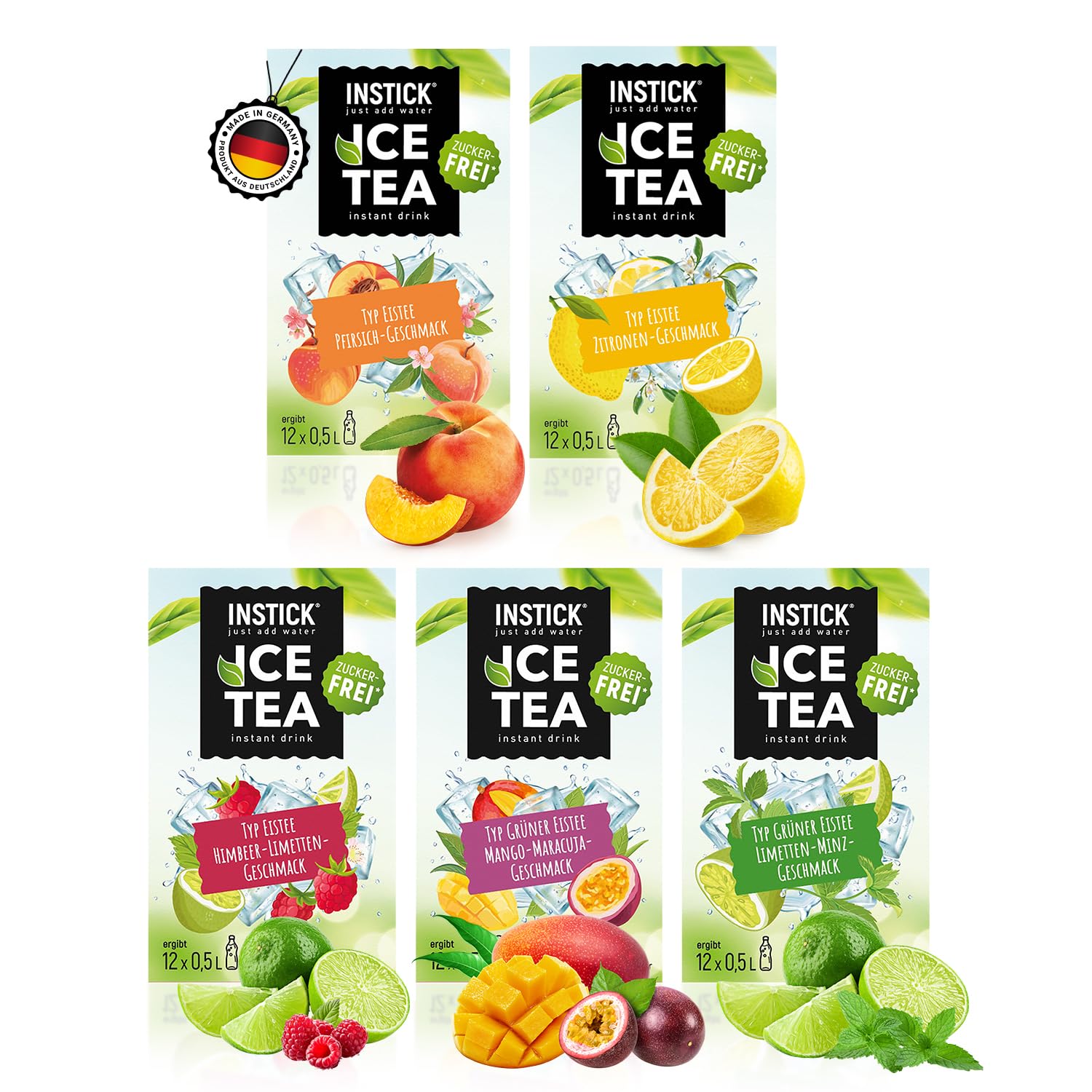 INSTICK Zuckerfreies Instant-Getränk (Bundle Eistee-Mix) verschiedene Eistee Sorten 5x12 Sticks - 1 Stick für 0,5-1 L - Veganes Getränkepulver Kalorienarm & Vitamin C - Instant-Pulver