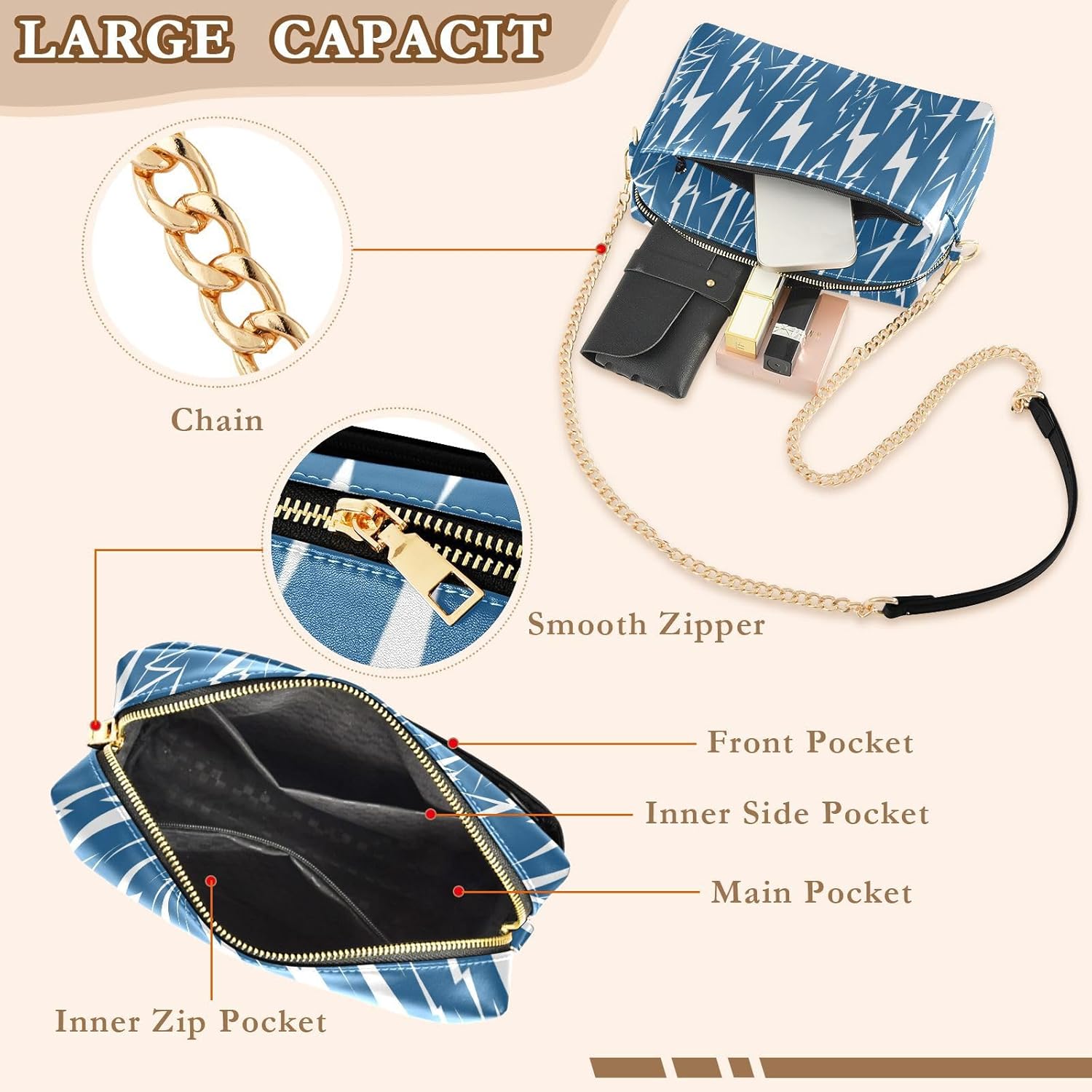 KLL Lightning Bolts Blue White Fashion Crossbody Bags For Women Vegan Leather Womens Cross Body Purse Waterproof Woman Handbag Shoulder Strap
