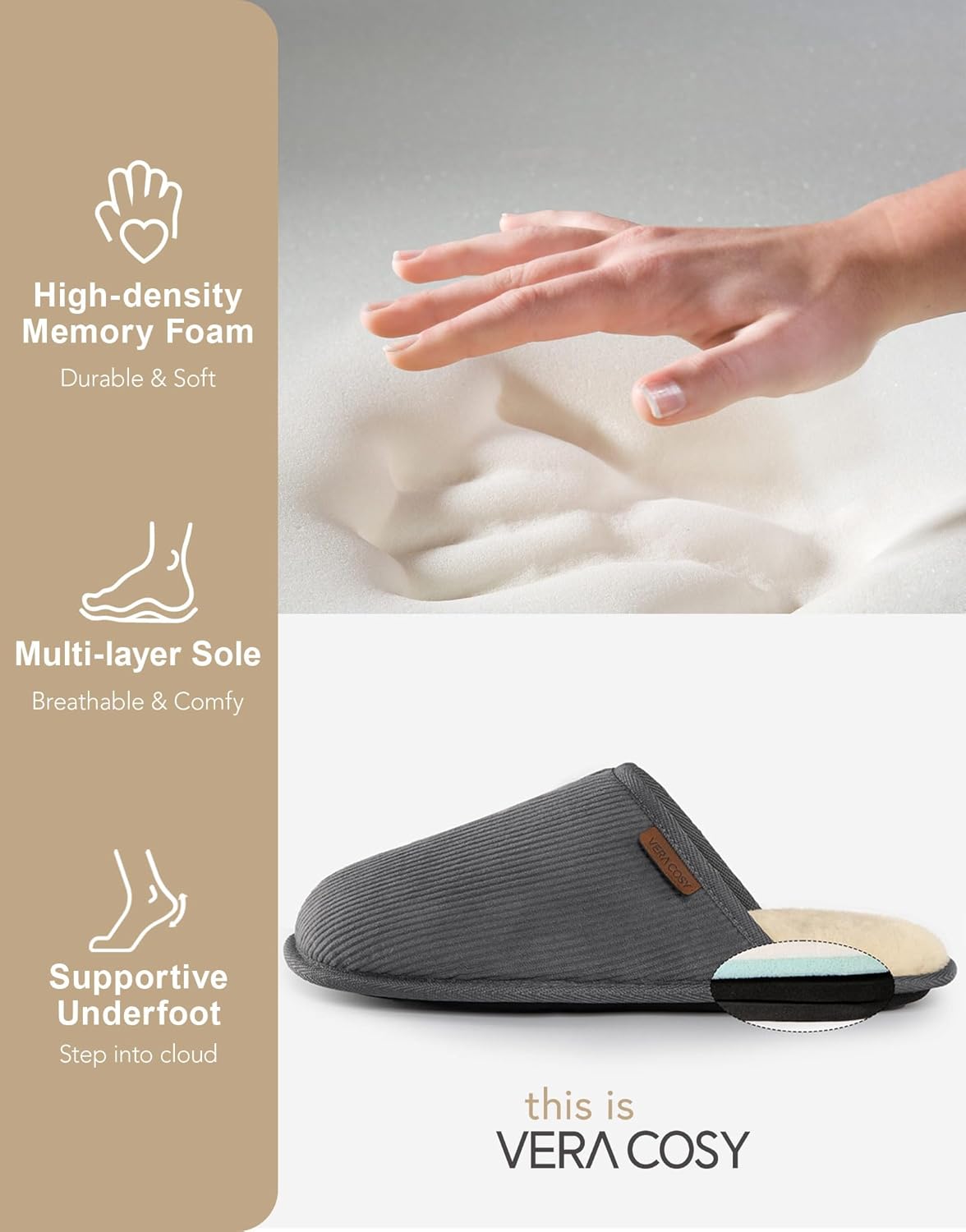 VeraCosy Men's Corduroy Scuff Slippers Soft Comfy Memory Foam Non-slip Indoor House Shoes - Image 5