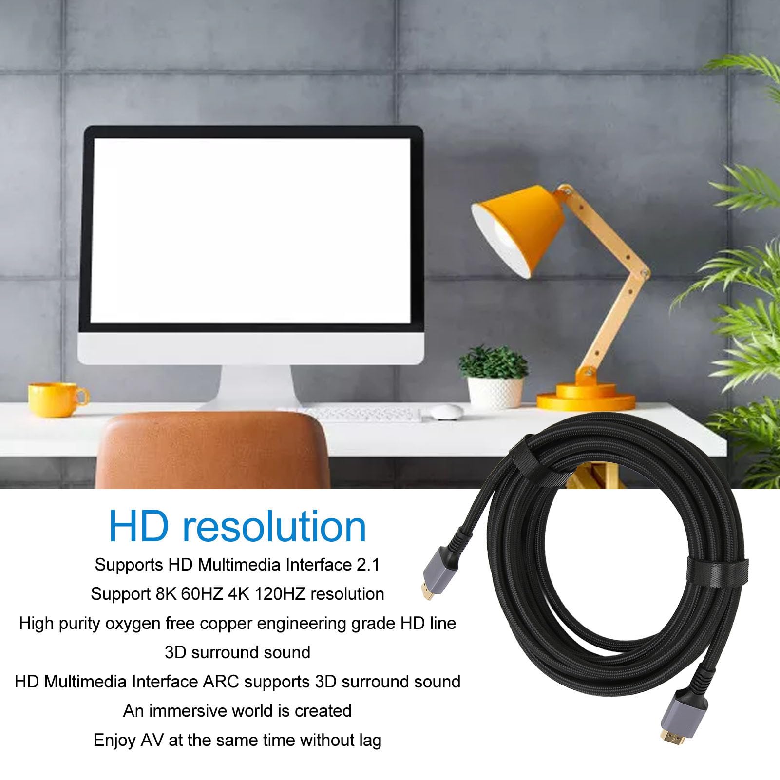Fockety Cavo HDMI 8K, 8K a 60Hz Interfaccia Multimediale 4K a 120Hz Cavo Video HD, Conduttore OFC Puro Diametro Filo 16,4 Piedi 6,7 Mm Interfaccia Multimediale HD 2.1 Cavo per TV HD 8K
