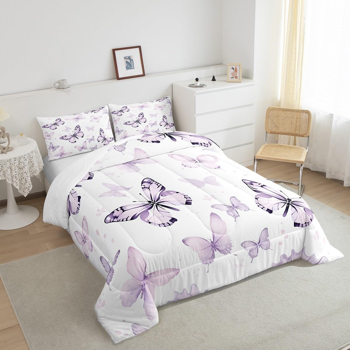 Erosebridal Purple Butterfly Bedding Twin Comforter Set for Girls Room Decor Aesthetic, Lavender Purple Butterfly Bed Comforter Watercolor Gradient Butterfly Decorations Quilt for All Season