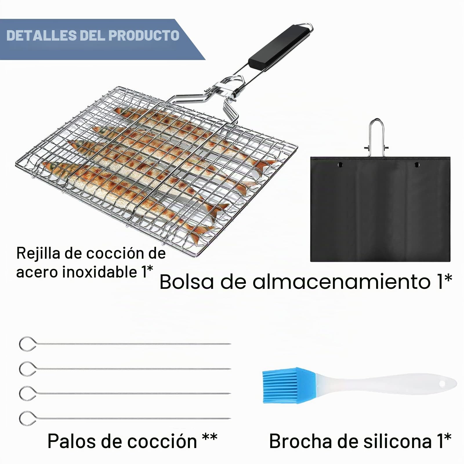 Cesta para asar pescado, parrilla y rejilla de acero inoxidable Nizirioo, portátil y plegable, soporte para pescado con mango extraíble y cepillo para hornear, 4 pinchos