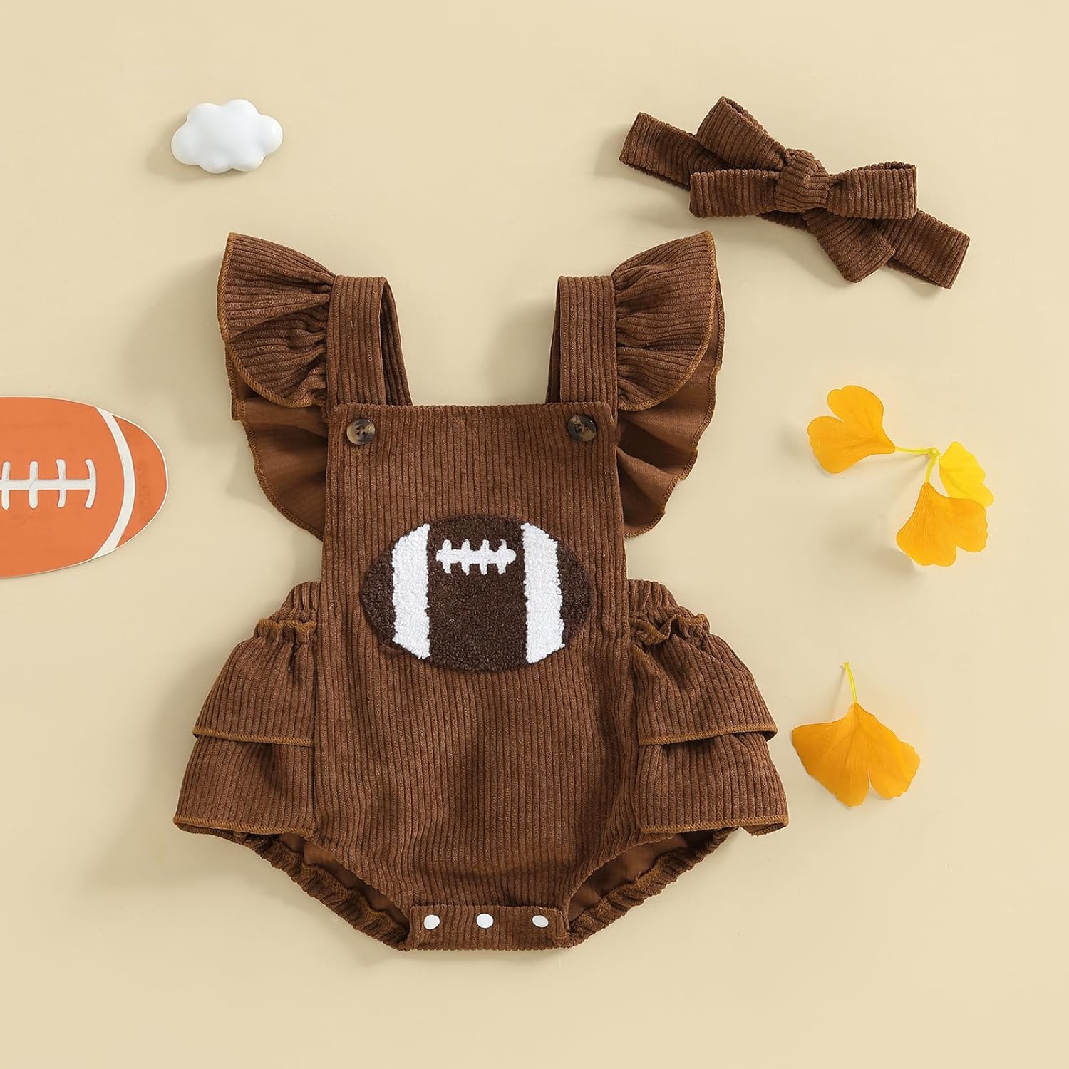 Football Baby Girl Outfit Embroidery Football Romper Ruffle Sleeve Corduroy Bodysuit Overalls Game Day Clothes - Image 3