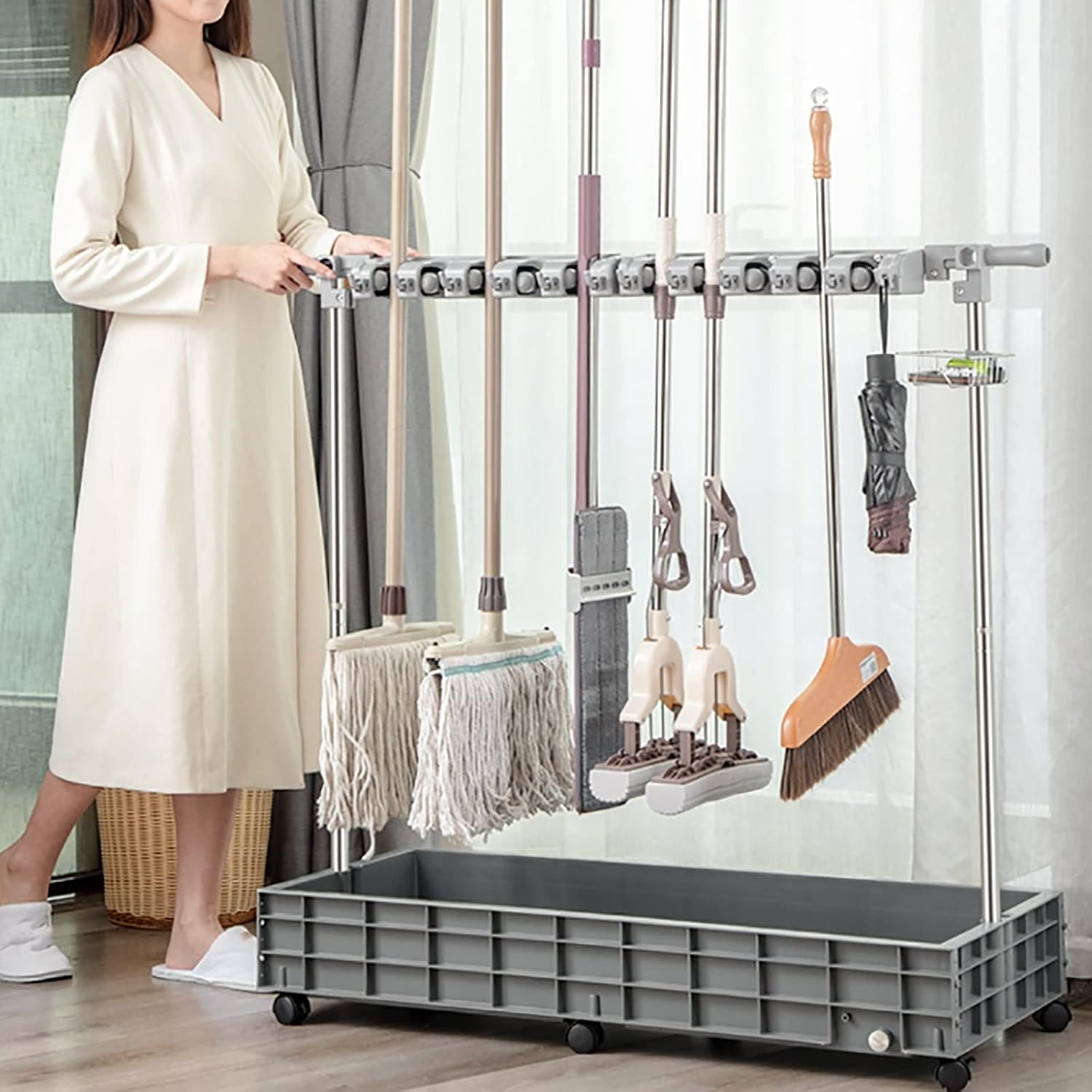 Broom and Mop Holder Put Wet Mops,Movable Floor Standing Cleaning Tool Cart,Broom Holder Organizer,Stainless Steel Storage Durable Storage,for Garages,Hotels, Schools,Restaurants,Etc (Size : 10slots