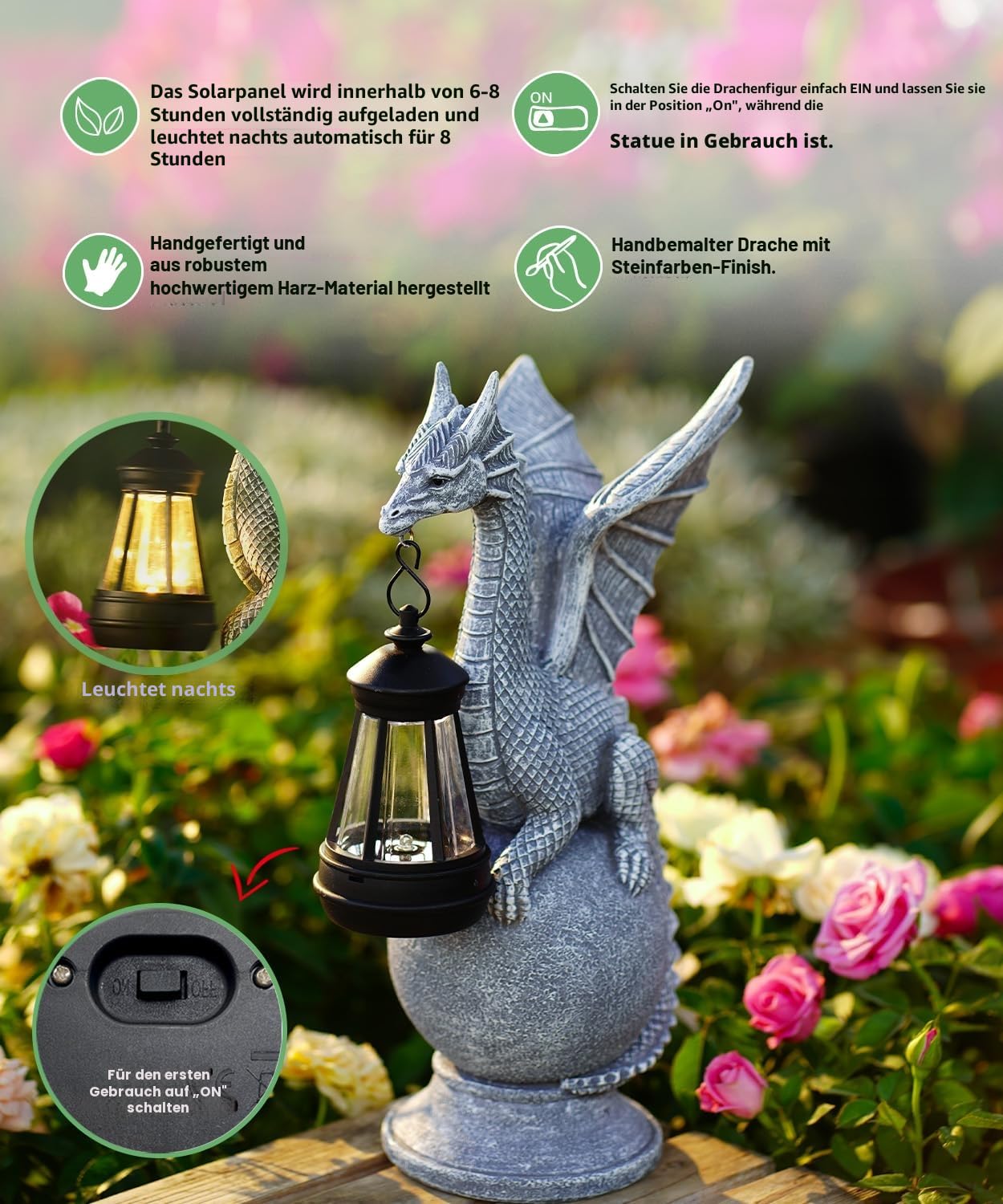 Goodeco Drachenstatue mit Solarlicht, Figur stehend auf Kugel, Rasendekoration, Outdoor-Statue für Terrasse, Balkon, Hof, einzigartiges Geschenk