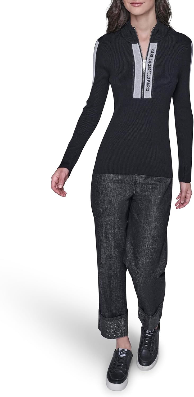 Karl Lagerfeld Womens Long Sleeve Mock Neck Logo Tape Zip Up Sweater - Image 2