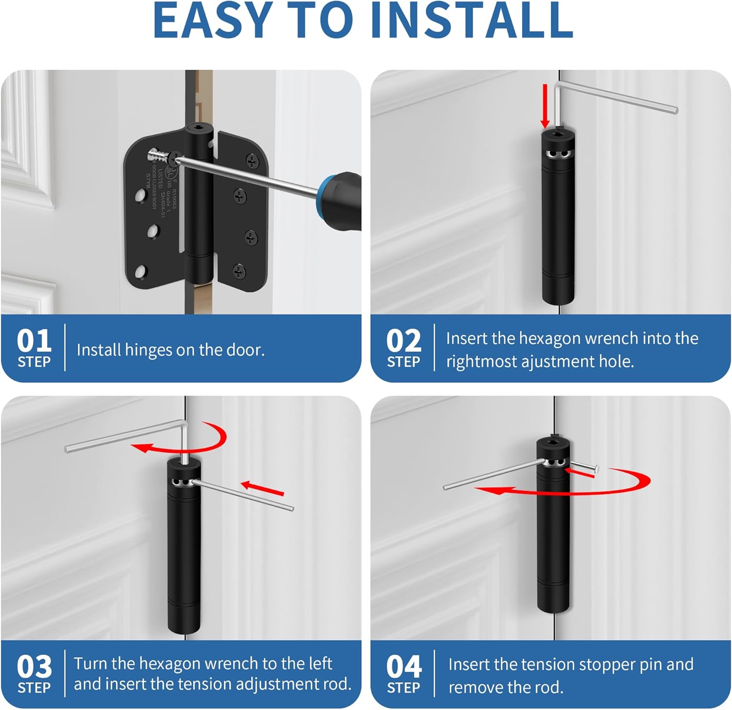 4 Inch Self Closing Door Hinges, 5/8" Radius Corners Spring Loaded Hinges for Exterior, Garage, Front and Back Door, UL Listed, for Left and Right Hand Door, Matte Black, 4 Pack