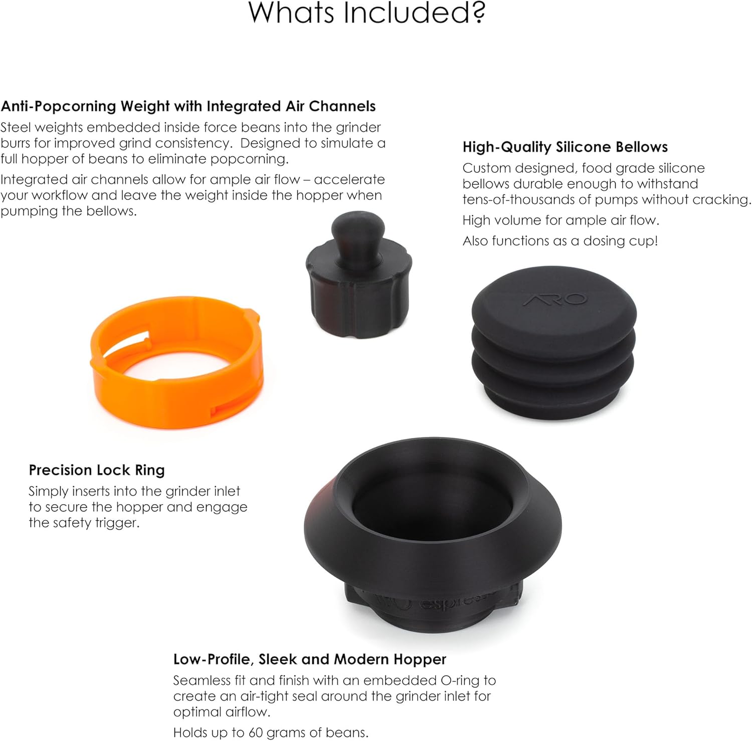 Single Dose Hopper with Silicone Bellows and Anti-Popcorning Weight | Compatible with Breville Barista Express, Pro, Touch, and Impress | Black