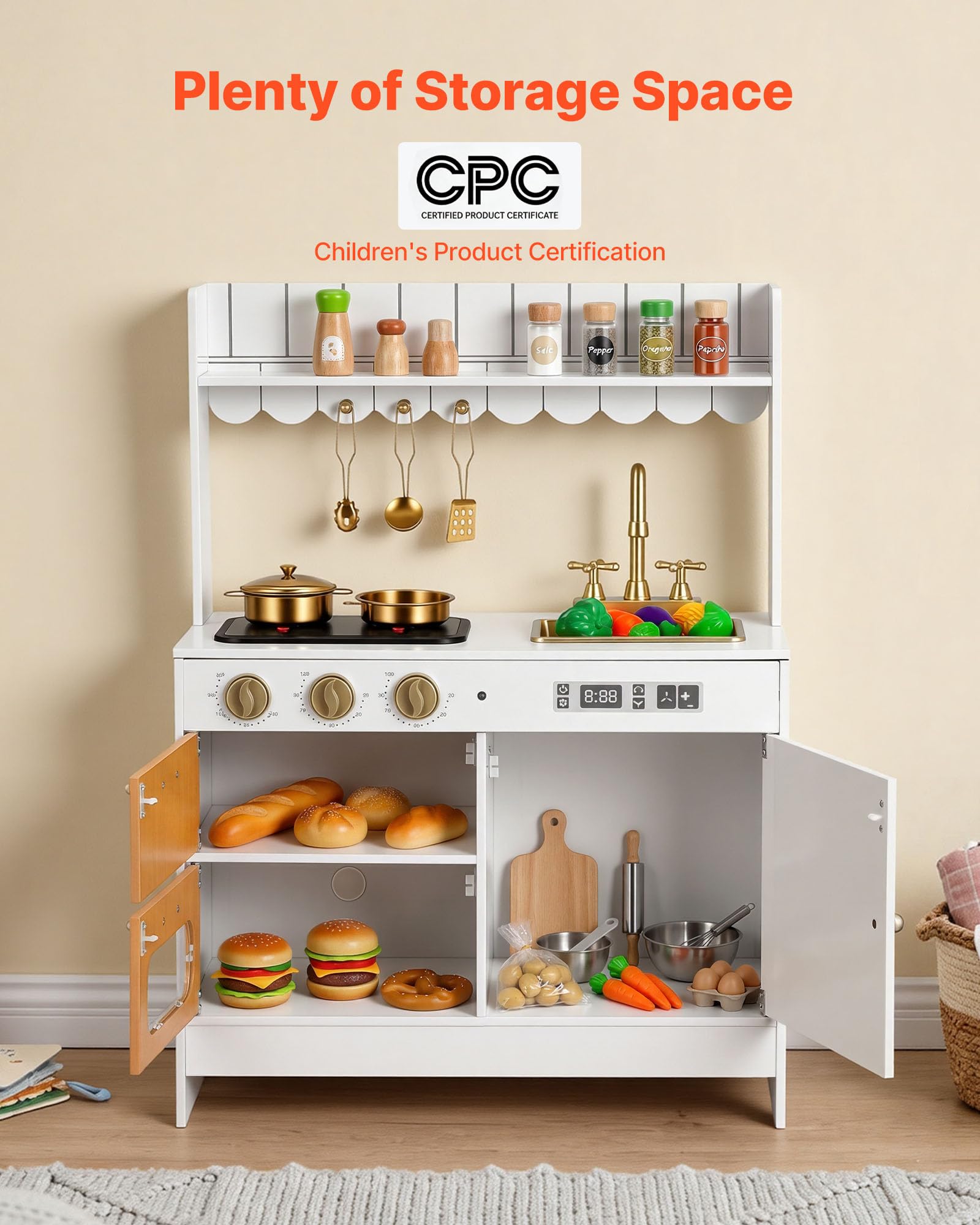 VEVOR Cocina de Juguete para Niños de 3 a 8 Años, Cocinita Infantil de Madera con Luces y Sonidos, Zonas Interactivas, Juego de Cocina con Almacenamiento, Microondas, Fregadero, Accesorios, Blanco