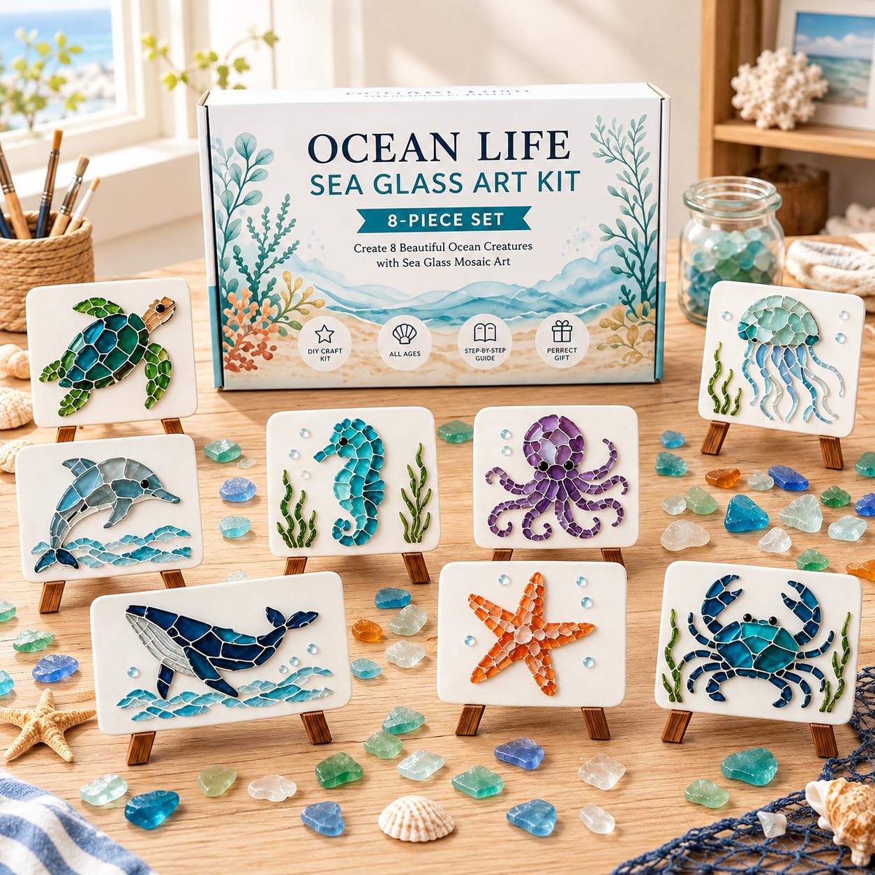 Tenshow Sea Glass Art Kit, Ocean-Themed DIY Glass Mosaic Kit for Adults