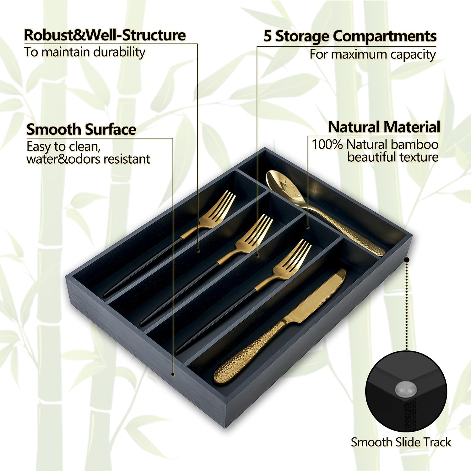 Silverware Organizer, 10 Inch Utensil Organizer Kitchen Drawer Organizer Bamboo Silverware Holder Cutlery Tray Organizer in Drawer Flatware Organizer Tray(5 slots, Black image 3