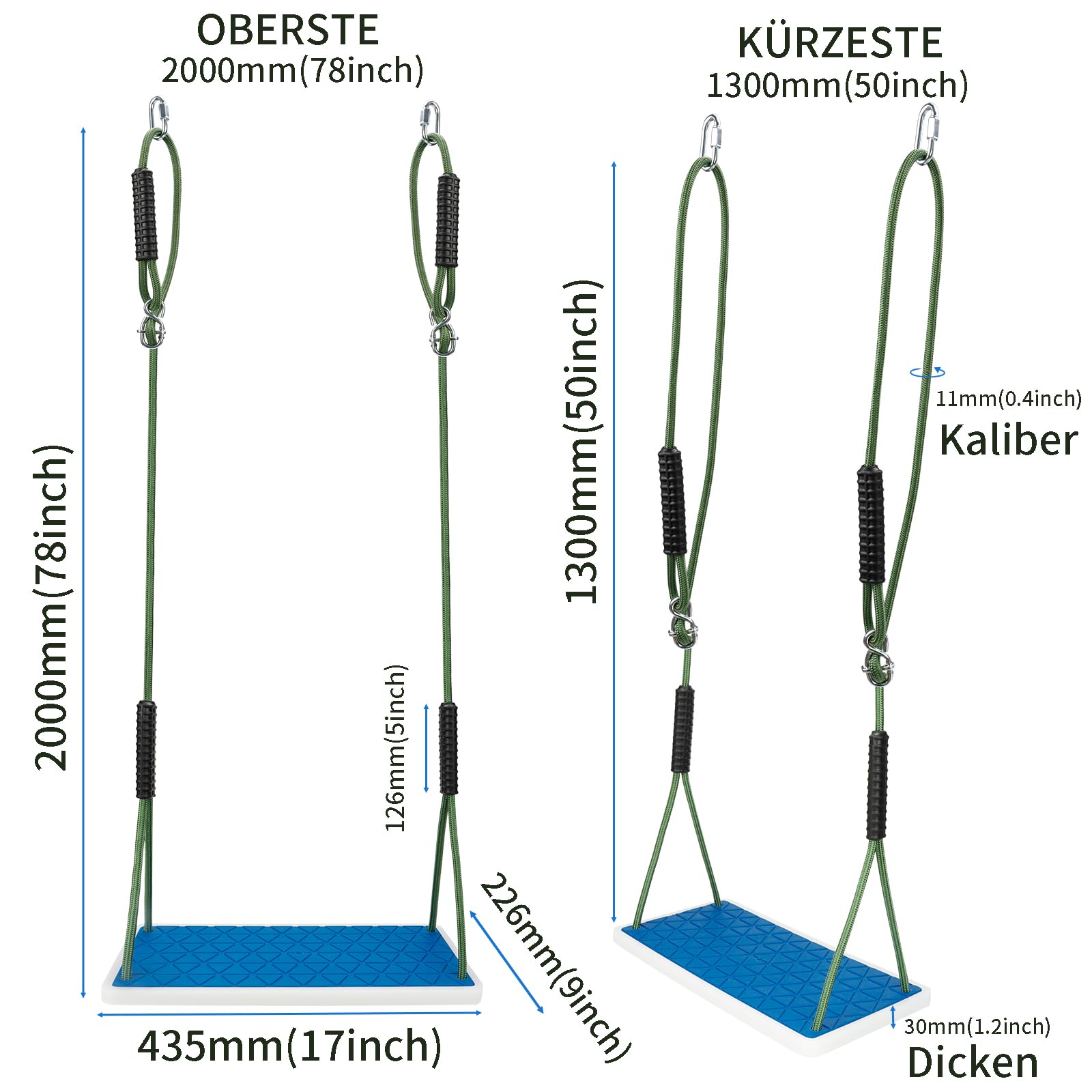 Huśtawka ogrodowa, antypoślizgowa huśtawka na drzewo, pogrubiona, miękka guma, zestaw z regulowaną linką (130-200 cm), nadaje się do placów zabaw na zewnątrz, huśtawki ogrodowej, niebieska