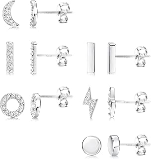 6 Pairs Sterling Silver Stud Earrings Hypoallergenic Earrings Stud Bar Circle CZ Stud Earrings Lightning Bolt Earrings Tiny Stud Earrings Set White Gold Plated Cartilage Earrings Studs for Women