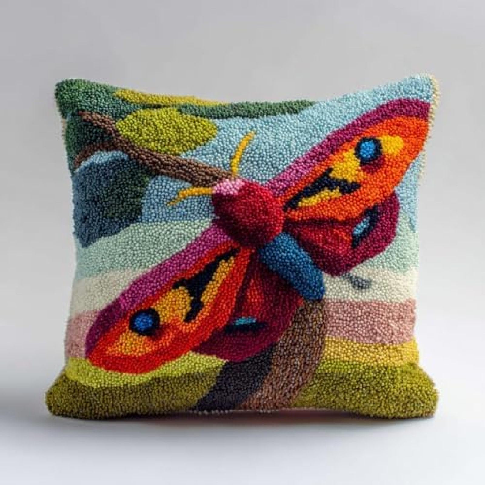 kitphoenix DIY Latch Hook Cushion Kit Moth Perching On Tree Bark,Beginner-Friendly Rug Hooking Pillow Kit,Crochet Craft Cushion Cover for Home Decor,43x43 cm-3