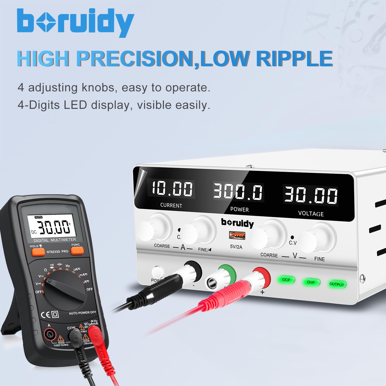 Alimentatore da Labotorio Alimentatore Stabilizzato Banco 30V 10A, Alimentatore DC Regolabile da Display LED a 4 Cifre, con Porta di Ricarica 5V2A USB, Pulsante OUTPUT, Manopola Encoder