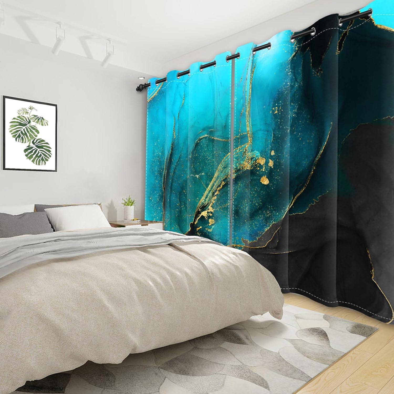 Blue Glod Marble Pattern Blackout Curtains for Bedroom, Ocean Stone Texture Window Pannels and Drapes for Childen's Room, Light Blocking Curtains for Living Room,2 Panels,Each W21 xL63