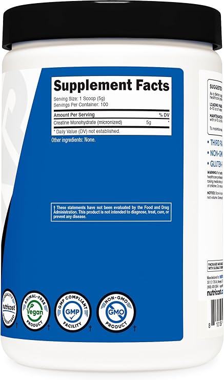 Nutricost Creatine Monohydrate Micronized Powder 500G, 5000mg Per Serv (5g) - 100 Servings for Endurance, Muscle Growth, Athletic Performance and Recovery