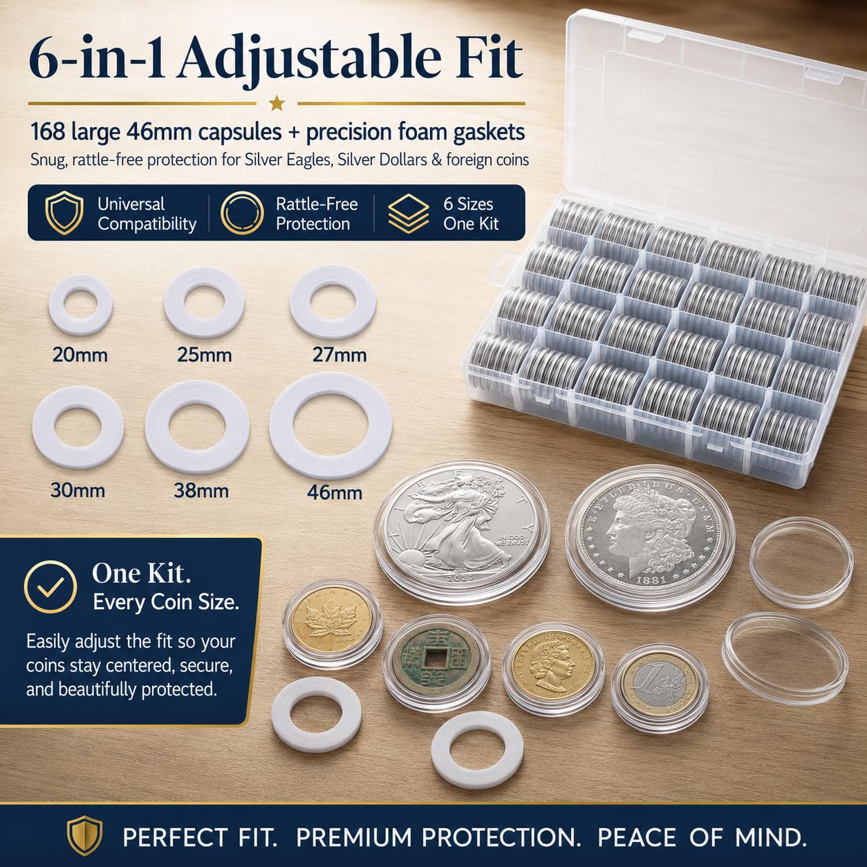 FULLCASE Lot de 168 capsules de monnaie de 46 mm avec joint en mousse et boîte de rangement en plastique, 6 tailles (20/25/27/30/38/46 mm) pour collection de pièces de monnaie