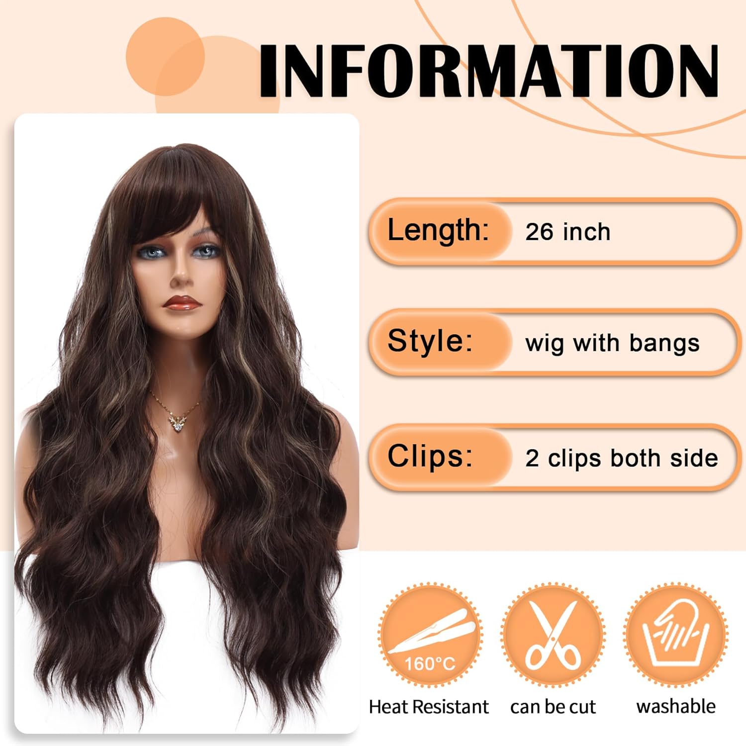 Vomella Brown Wig With Bangs 26 Inch Long Curly Wavy Wigs with Highlights Natural Curly Wig for Women Synthetic Wigs for Daily Party Use - Image 3