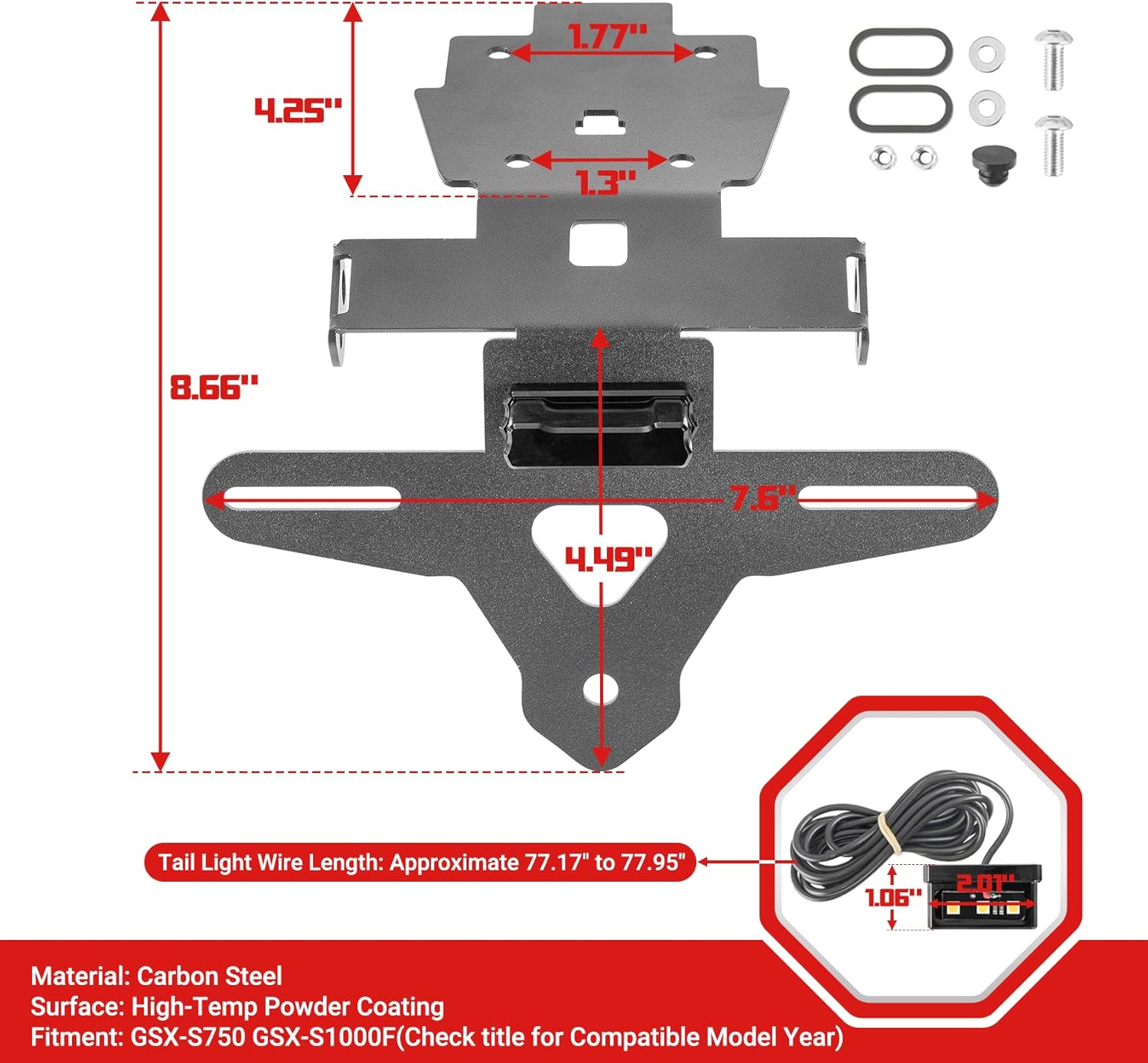 Motorcycle License Plate Bracket for GSX-S750 2017-2022 GSX-S1000F 2015-2021, Fender Eliminator With LED Light, Motorcycle Tail Tidy License Plate Holder Mount