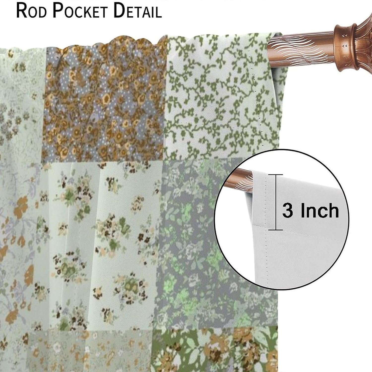 Boho Floral Patchwork Curtains, Green Farmhouse Patchwork Quilted Country Check Print for Room Window Decor, Rod Pocket Drapes for Living Room Bedroom Kitchen 2 Panel Set 20.5" W X 45" L image 5
