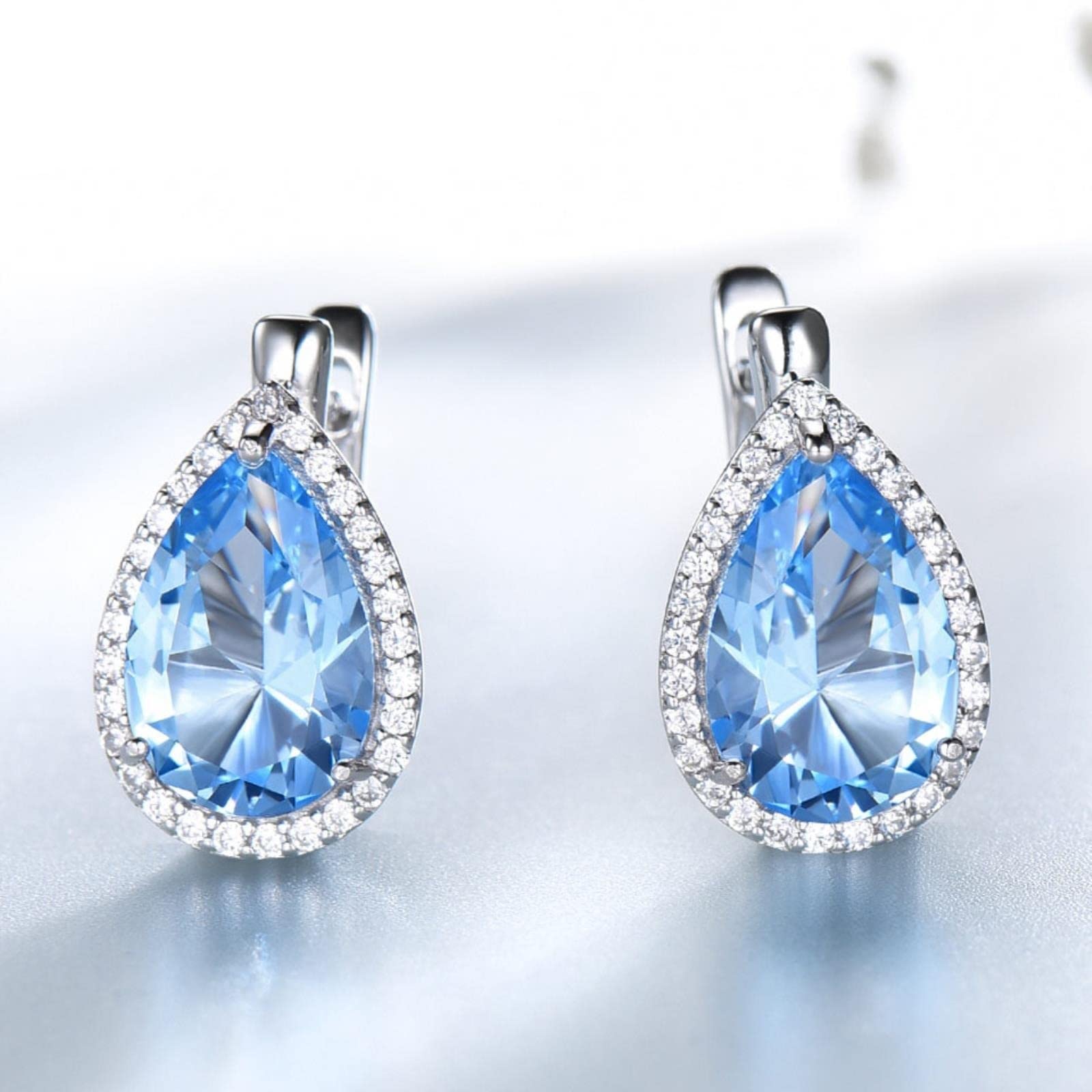 LOKILOKI Sólido 925 Pendientes De Clip Pendientes De Plata De Ley Cielo Pera Nano Topacio Azul Esmeralda Piedra Preciosa para La Joyería De Las Mujeres Regalo De Cumpleaños