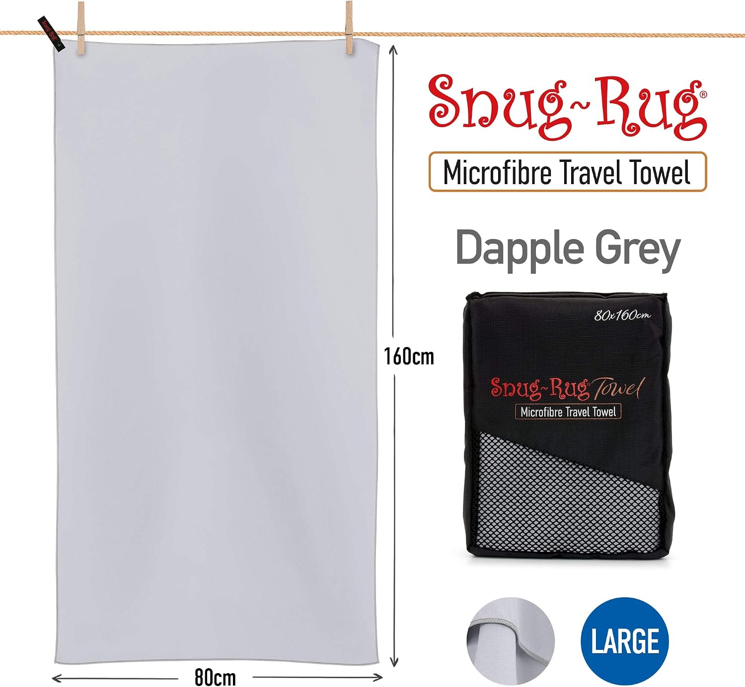 Snug Rug Microfibre Beach Towel Large L 80 x 160cm - Super Absorbent Quick Drying Lightweight Sand Proof Beach Towels Dapple Grey - Image 4