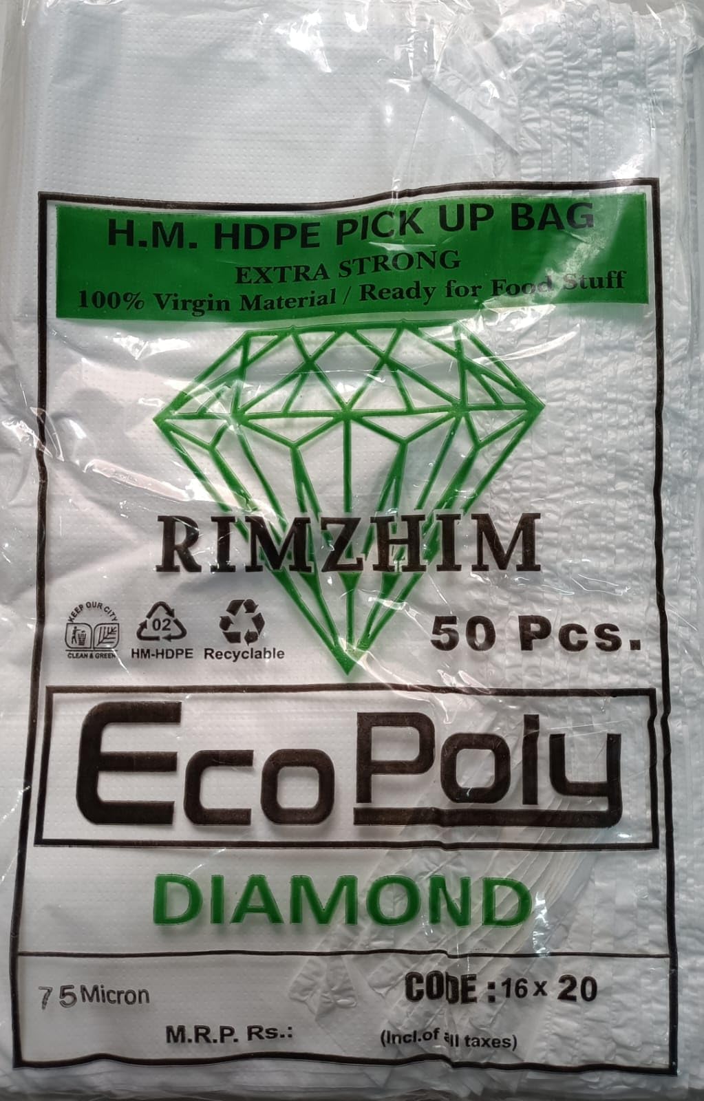 ECOPOLY DIAMOND - Biodegradable Daily Use Carry Bag Ideal for Packaging | Shopping | Vegetables and Fruits Pickup Bag (16 X 20 Inches) 5 Kilogram Capacity 75 Micron Pack of 1 (50 Pieces) WHITE