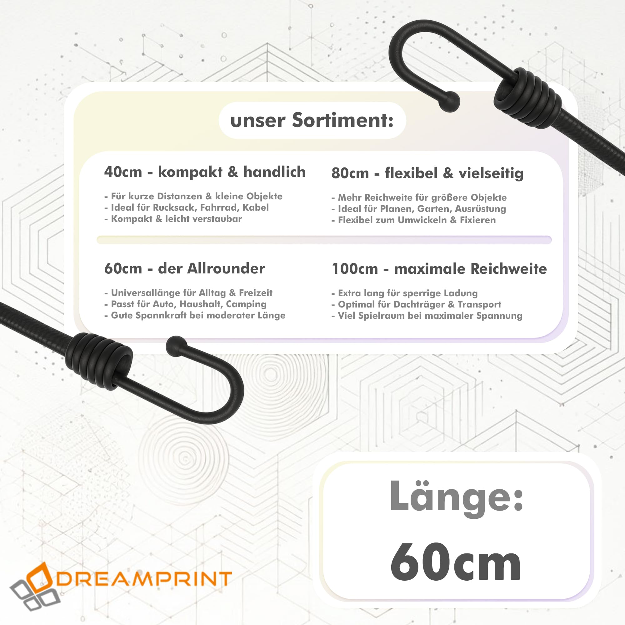 Dreamprint Expander 40 Stück Schwarz 60cm 8mm Ø Planenspanner Spann-Gummi Gepäckspanner Gummiseil mit Spiralhaken