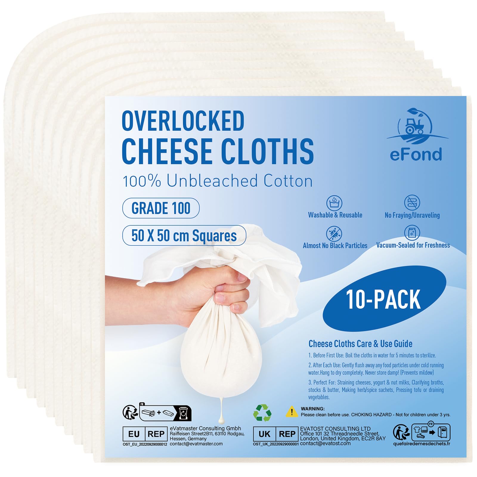 eFond Cheesecloth, 50x50cm Squares with Overlocked Edges, Grade 100 Ultra Fine Mesh Cheese Cloths for Straining Butter, Nut Milk, Yogurt, Reusable Muslin Cloths for Cooking, Roasting Turkey (10-Pack)