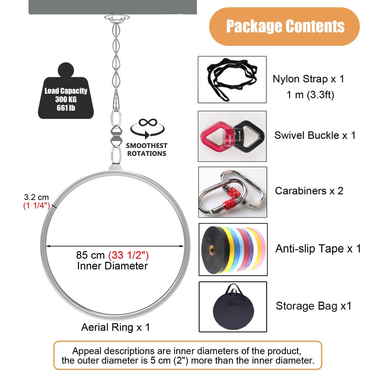 Kunovo Silver Aerial Lyra Hoop Set Fully, Single Point Yoga Ring with Waterproof Storage Bag ? Anti-Slip Tape, Circus Aerial Equipment for Professionals (Size : 85 cm (33