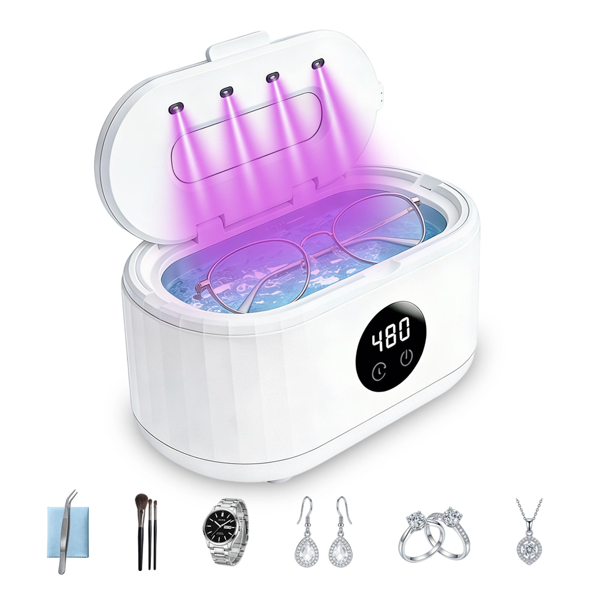 Pulitore ultrasuoni, pulitore ad ultrasuoni portatile con cinque impostazioni di tempo a LED UV ad alta frequenza 50KHz, ultrasonic cleaner da 350 ml, adatto per gioielli, occhiali, anelli e orologi