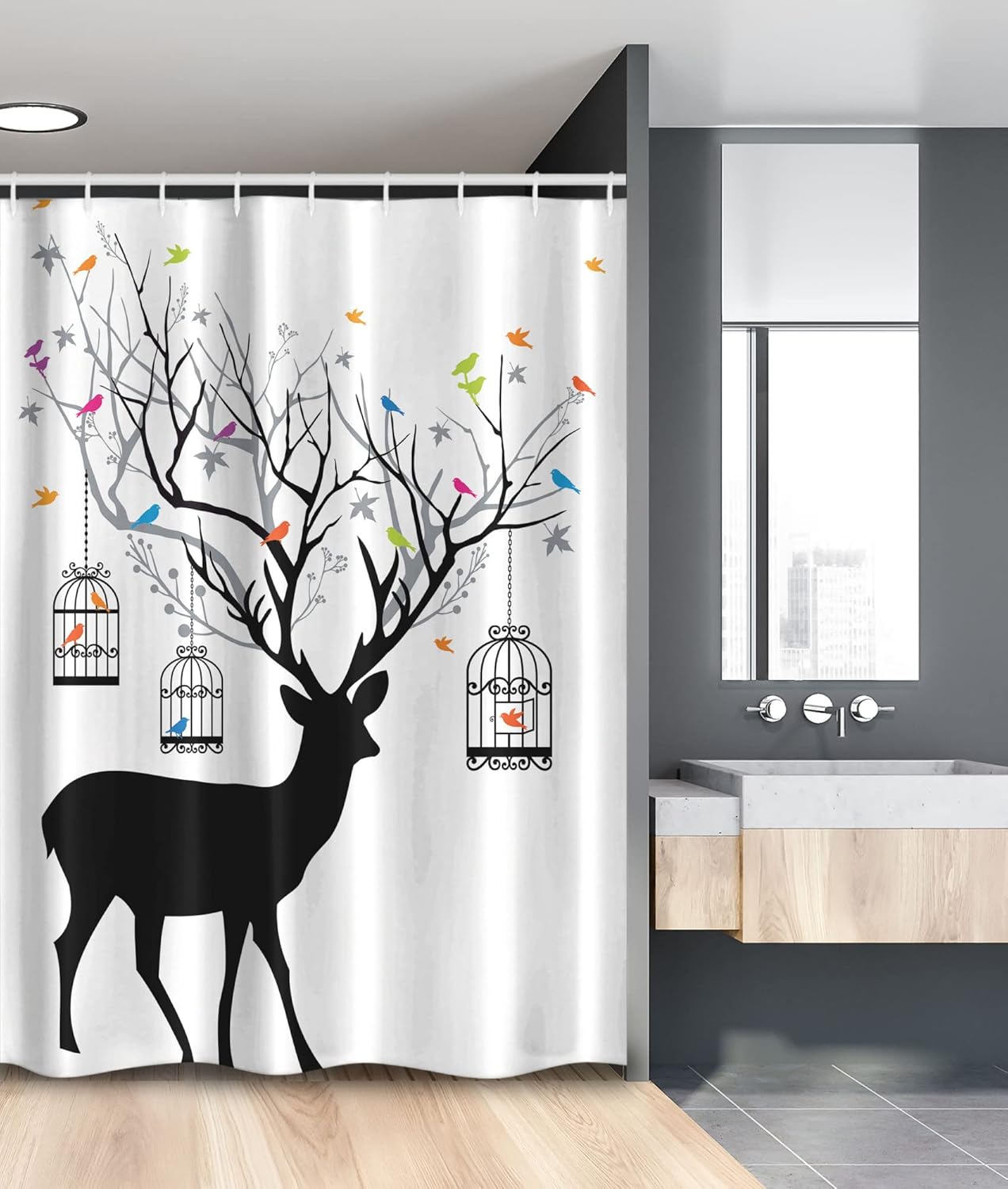Ambesonne Antlers Stall Shower Curtain, Deer with Colorful Birds and Birdcages Silhouette Ornament Vintage Style Print, Fabric Bathroom Decor Set with Hooks, 54" W x 78" L, Red Pale Grey Multicolor